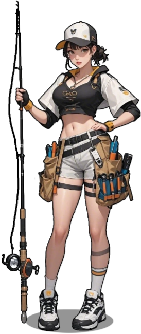 A fishing character in a cap and utility vest, carrying a rod and tackle