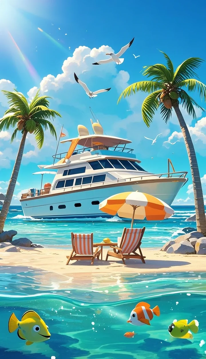 A luxury yacht in a tropical bay, with palm trees and colorful fish in the clear water
