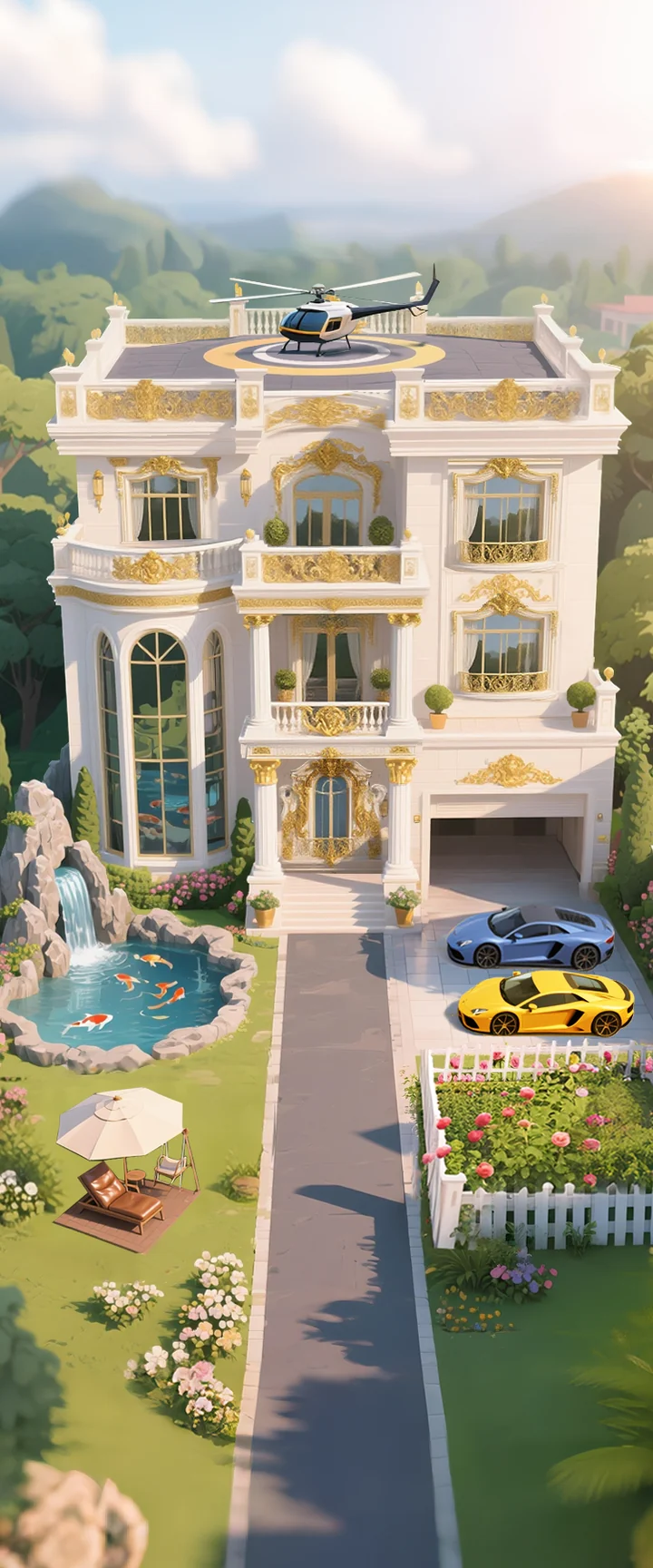 A white and gold villa with a garden, garage, and ornamental pool