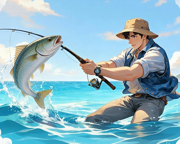 An angler reels in a leaping fish in the bright turquoise sea