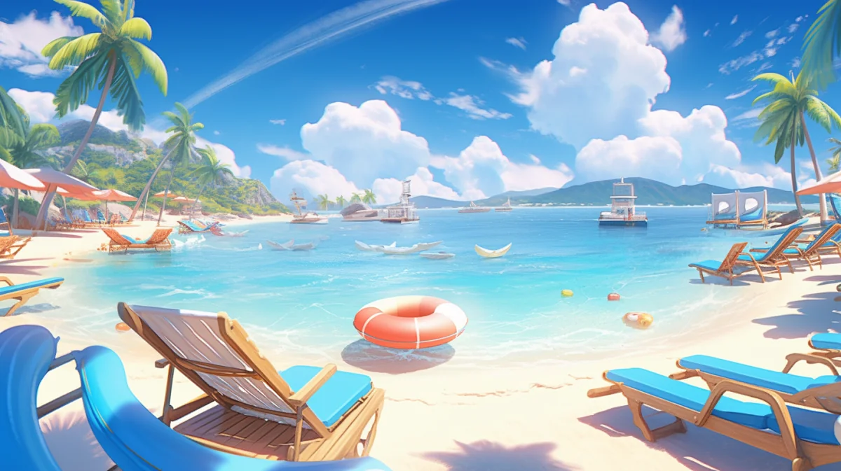 A sunny island bay with clear turquoise water and palm trees