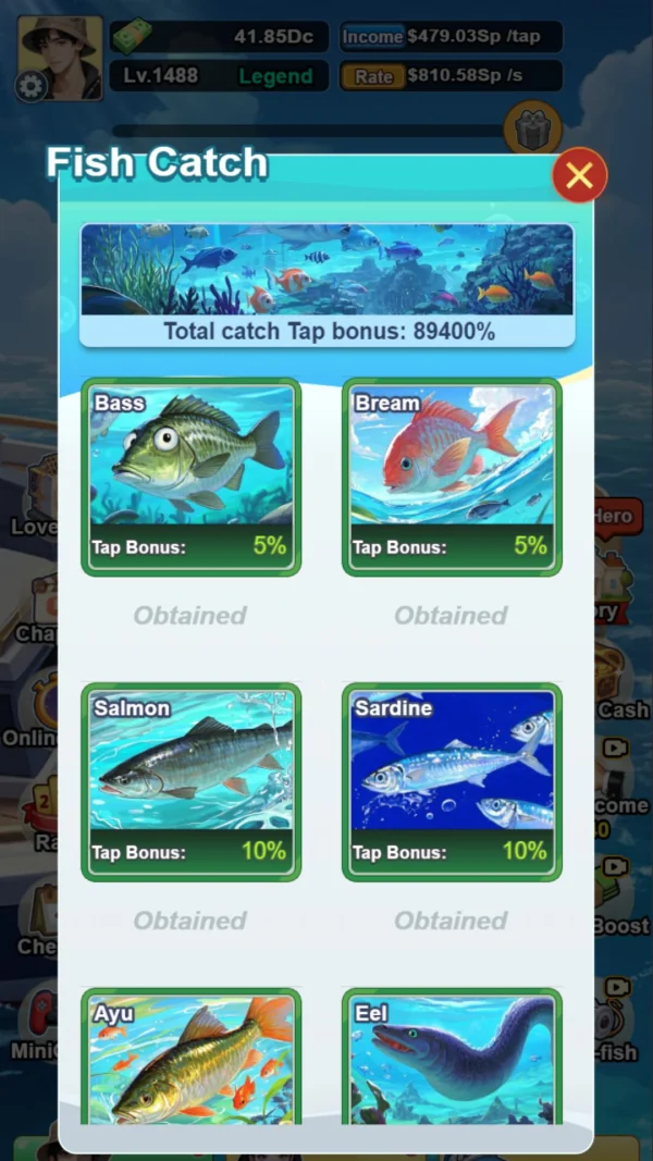 The Fish Catch screen listing bass, bream, salmon, sardine, ayu and eel with their tap bonuses
